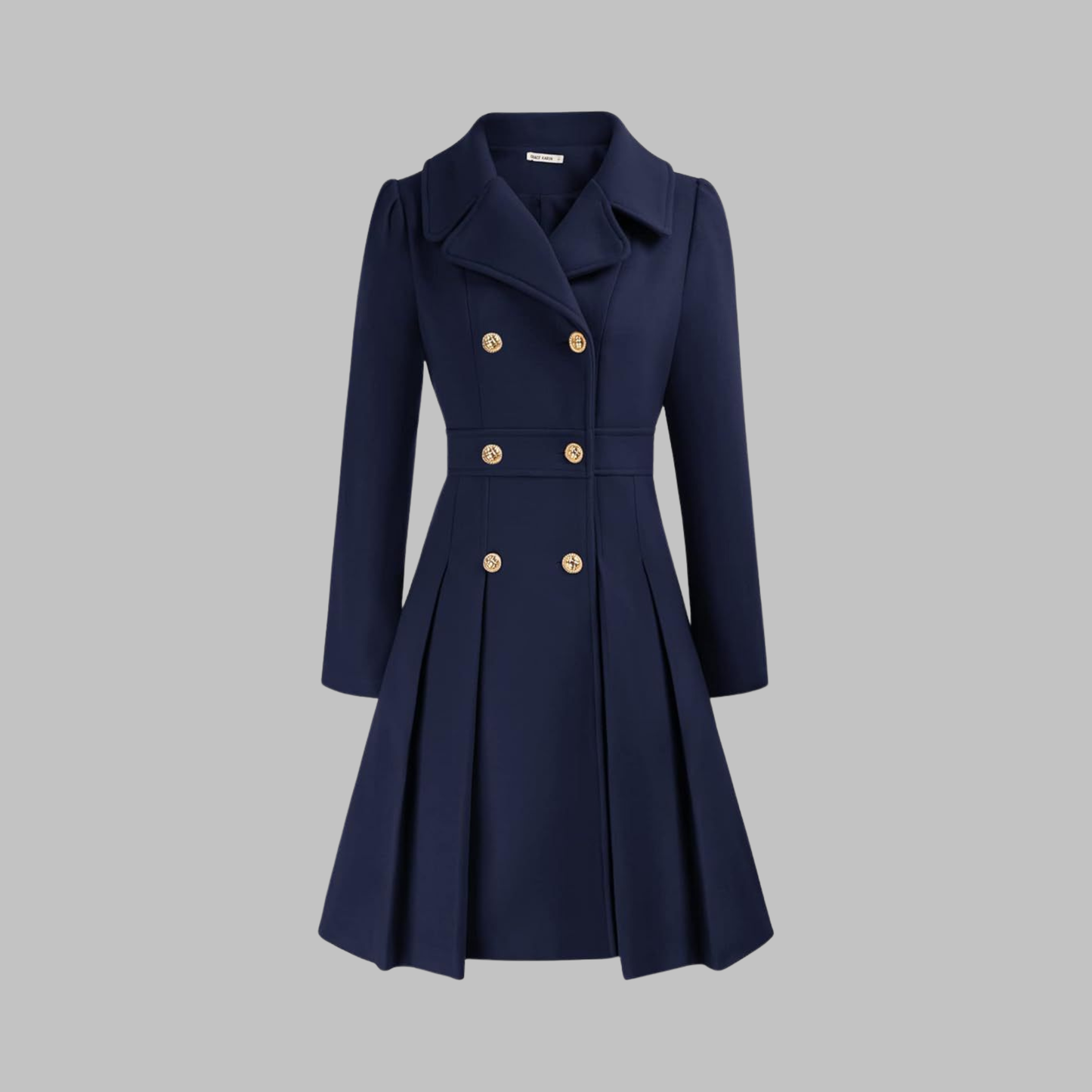 Abrigo de mezcla de lana elegante para mujeres con solapa de muesca, manga larga, doble botonadura y estilo acampanado con pliegues