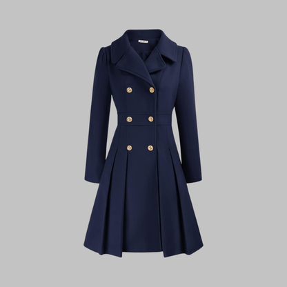 Abrigo de mezcla de lana elegante para mujeres con solapa de muesca, manga larga, doble botonadura y estilo acampanado con pliegues