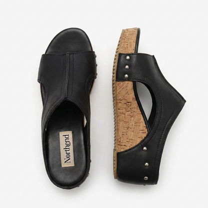 Sandalias Wedge Cómodas para Mujeres con T Strap de Tachuelas y Plataforma de Corcho con Punta Abierta