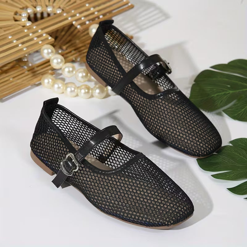 Zapatos Mary Jane Cómodos para Mujeres con Correa de Hebilla de Malla Tejida Estilo Plano