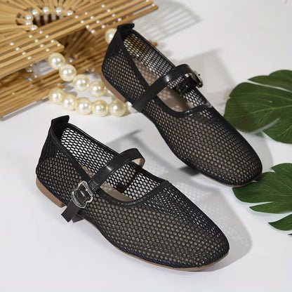 Zapatos Mary Jane Cómodos para Mujeres con Correa de Hebilla de Malla Tejida Estilo Plano