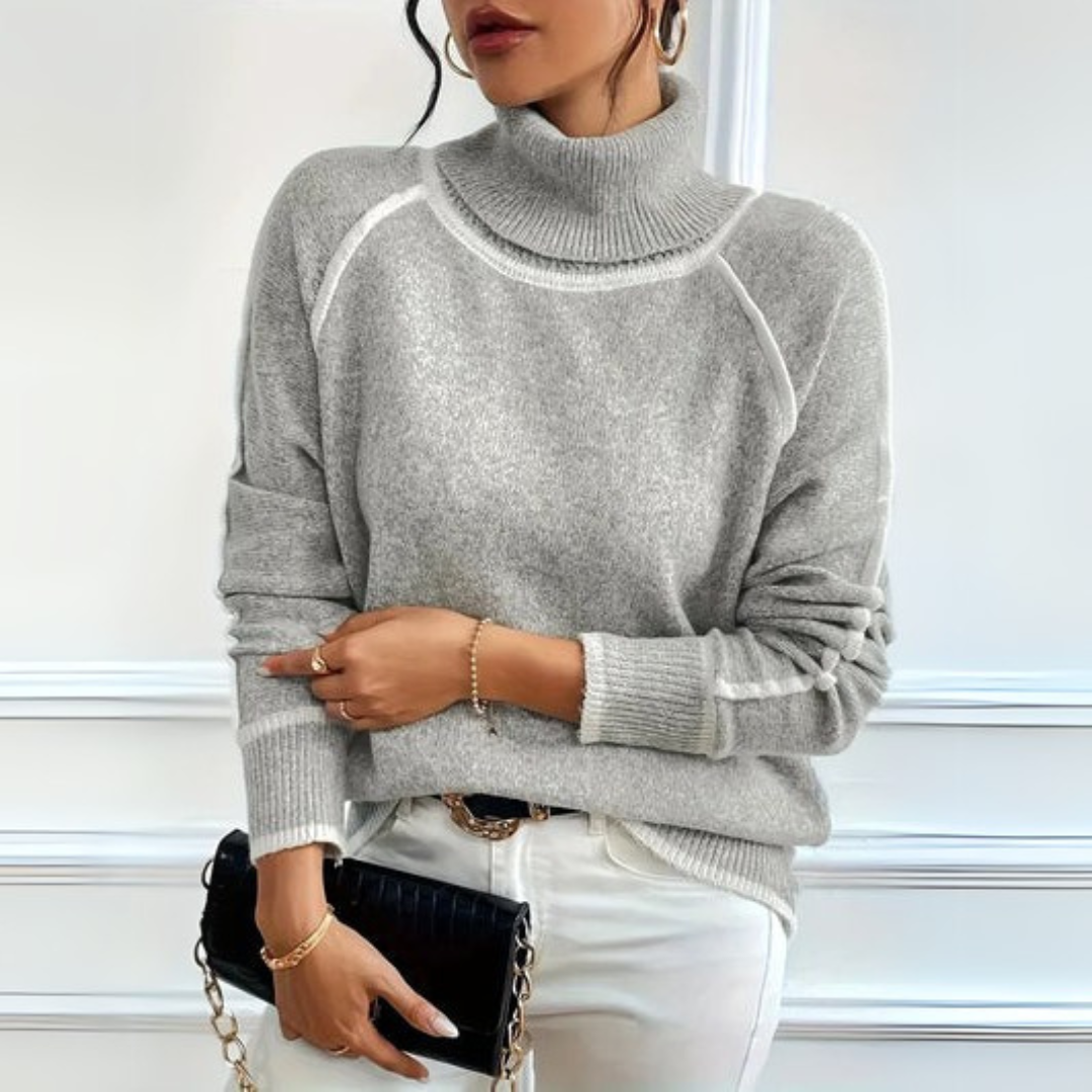 Suéter de Cuello Alto Gris Cómodo para Mujeres con Manga Larga y Detalles en Contraste Estilo Relajado y Oversized