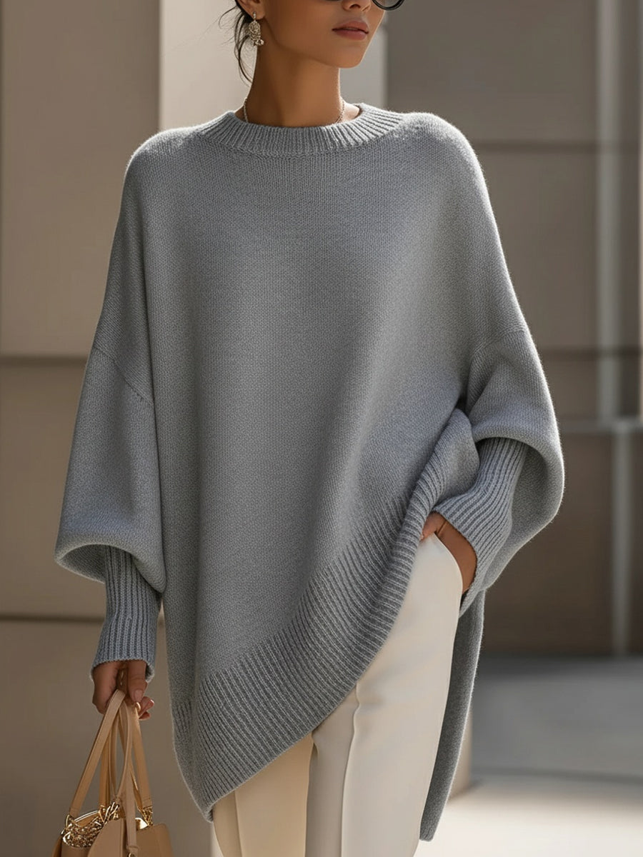 Suéter Poncho de Punto Cómodo para Mujeres con Cuello Redondo y Mangas Murciélago Oversized de Estilo Asimétrico