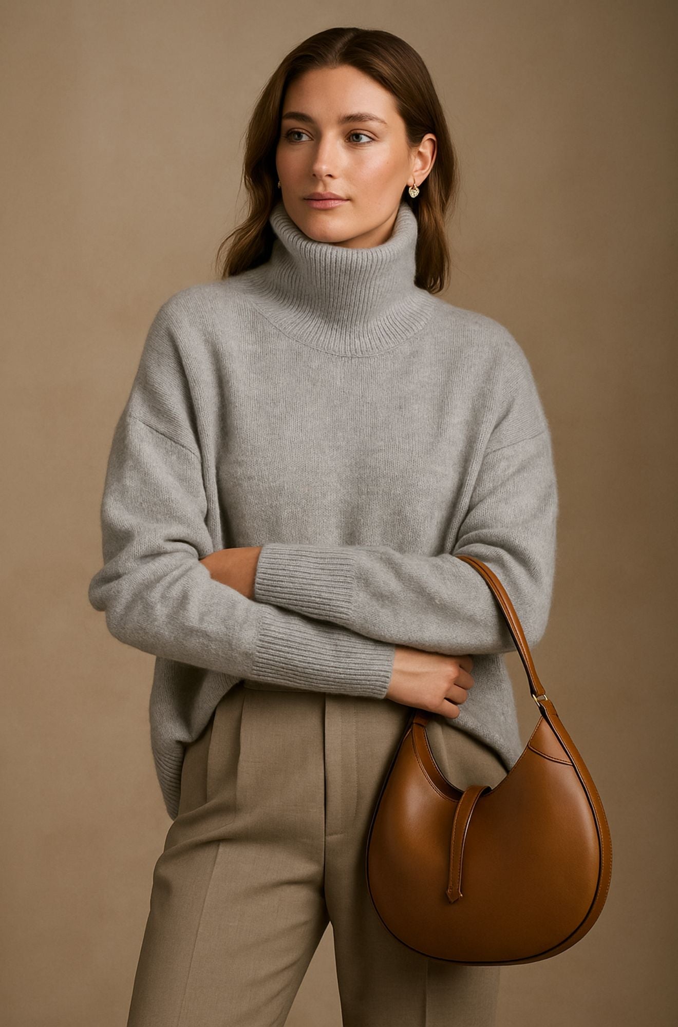 Suéter de Punto Acanalado Cómodo para Mujeres con Cuello Alto y Manga Larga, Estilo Relajado y Oversized