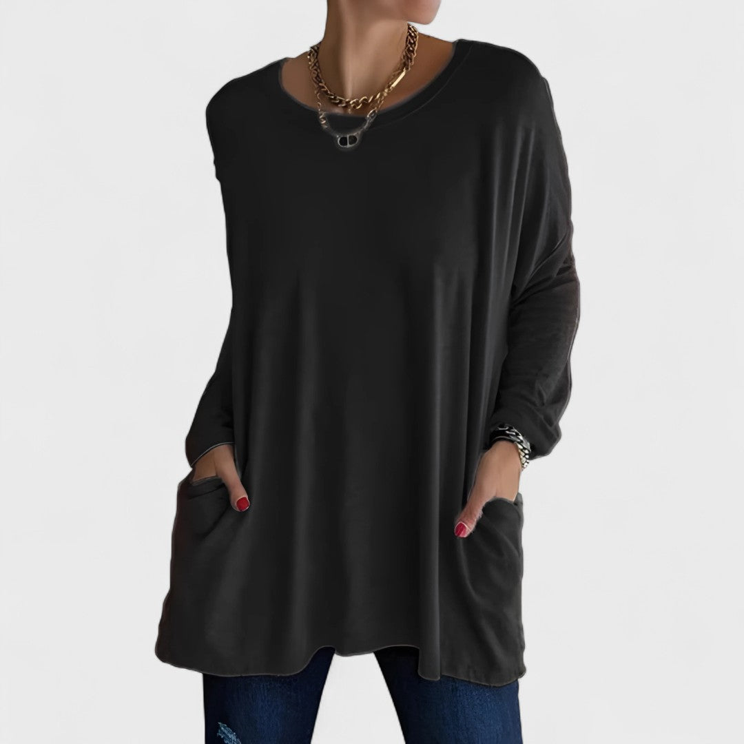 Túnica Oversized Sin Esfuerzo para Mujeres con Cuello Redondo, Manga Larga, Bolsillos Laterales y Estilo Relajado