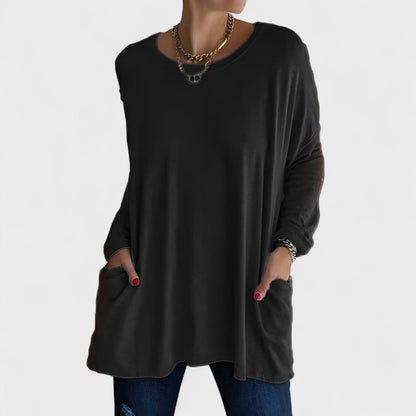 Túnica Oversized Sin Esfuerzo para Mujeres con Cuello Redondo, Manga Larga, Bolsillos Laterales y Estilo Relajado
