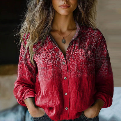 Blusa Impresa Sin Esfuerzo para Mujeres con Cuello, Manga Larga, Botones, Frente, Bolsillo, Estilo Boho