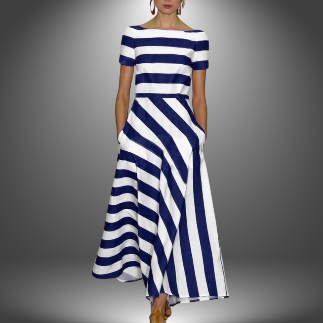 Vestido Maxi Elegante a Rayas para Mujeres con Cuello Barco, Manga Corta y Bajo Asimétrico en Estilo Fluido