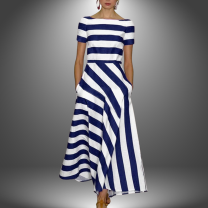Vestido Maxi Elegante a Rayas para Mujeres con Cuello Barco, Manga Corta y Bajo Asimétrico en Estilo Fluido