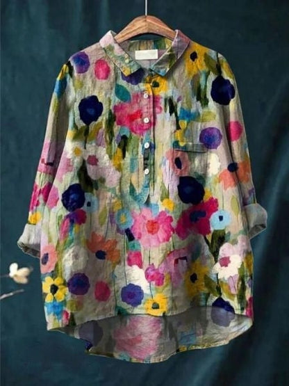 Blusa de Lino Floral Sin Esfuerzo para Mujeres con Cuello, Manga Larga, Botones en la Parte Frontal y Estilo de Dobladillo Alto-Bajo