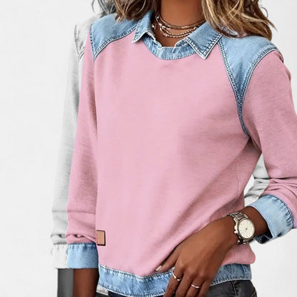 Sudadera de mezclilla color bloque sin esfuerzo para mujeres con cuello y mangas raglán largas de contraste estilo casual