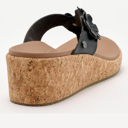 Sandalias de cuña cómodas para mujeres con aplique floral en la tira del dedo y plataforma de corcho