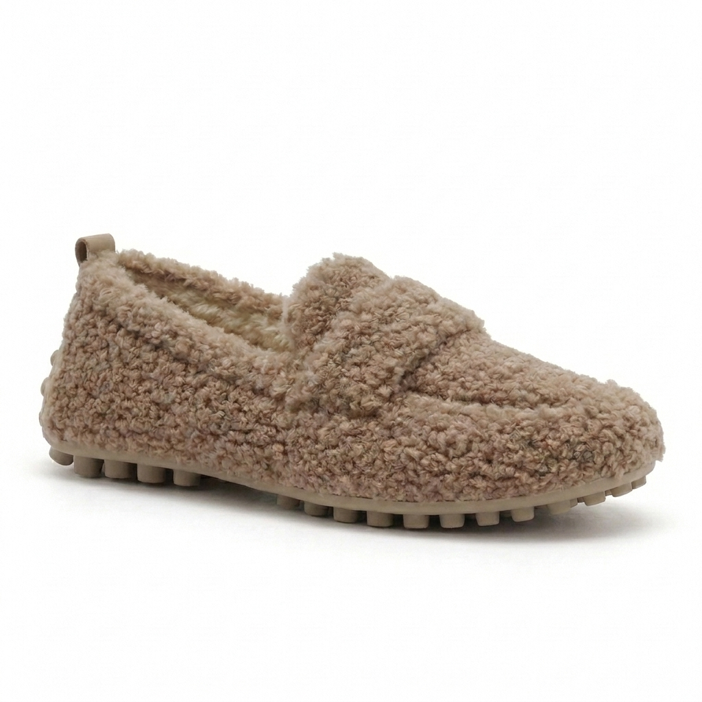 Zapatos de Casa Cómodos para Mujeres con Parte Superior de Piel Sintética Rizada, Estilo Mocasín, Suela de Goma, Slip On