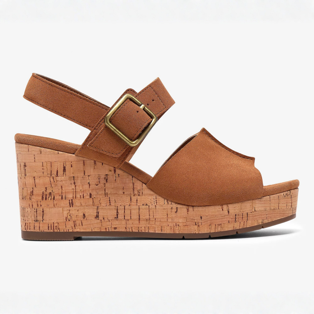 Sandalias de cuña cómodas para mujeres con tiras en el tobillo y punta abierta, estilo plataforma de corcho
