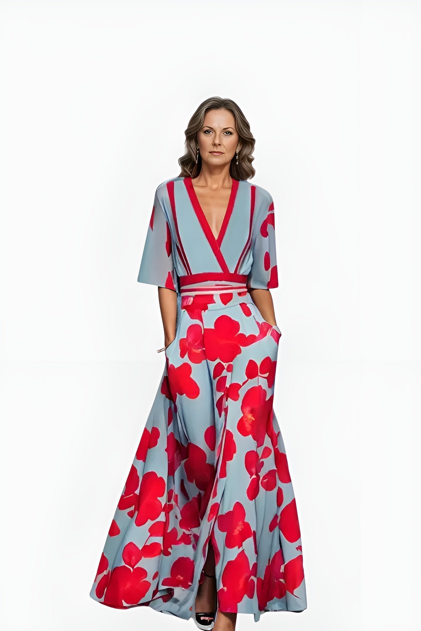 Jumpsuit Floral Azul Elegante para Mujeres con Cuello en V Cruzado, Mangas de Codo y Piernas Anchas con Cinturón