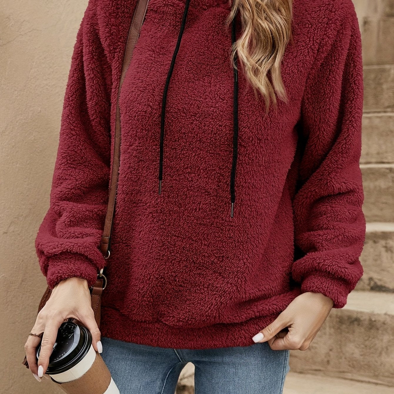 Sudadera cómoda de forro polar Sherpa para mujeres con capucha ajustable, de manga larga, estilo relajado y oversize