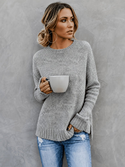 Suéter de Punto Melange Cómodo para Mujeres con Cuello Redondo, Mangas Largas y Puños de Campana, Estilo Oversized y Relajado
