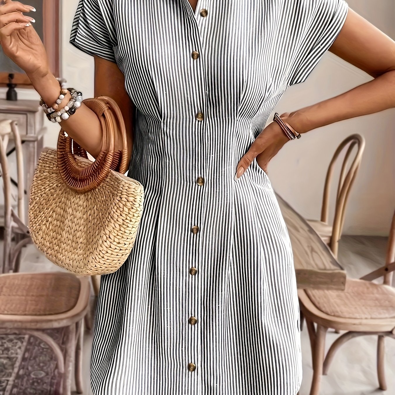 Vestido Camisa A-Line de Manga Corta a Rayas Elegante para Mujeres, Vestido Casual de Oficina de Verano de Cintura Alta con Botones en Pastel Claro, Fabricado en Poliéster Cómodo, Estilo Francés, Color Sólido, Vestido Camisa para Mujeres, Vestido Camisa C