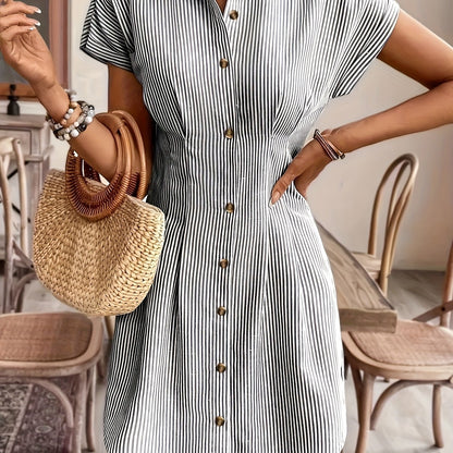 Vestido Camisa A-Line de Manga Corta a Rayas Elegante para Mujeres, Vestido Casual de Oficina de Verano de Cintura Alta con Botones en Pastel Claro, Fabricado en Poliéster Cómodo, Estilo Francés, Color Sólido, Vestido Camisa para Mujeres, Vestido Camisa C