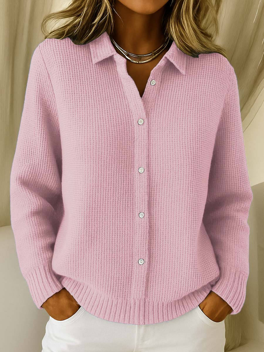 Blusa de Punto Waffle Cómoda para Mujeres con Cuello, Manga Larga, Botones en la Parte Frontal, Estilo Relajado