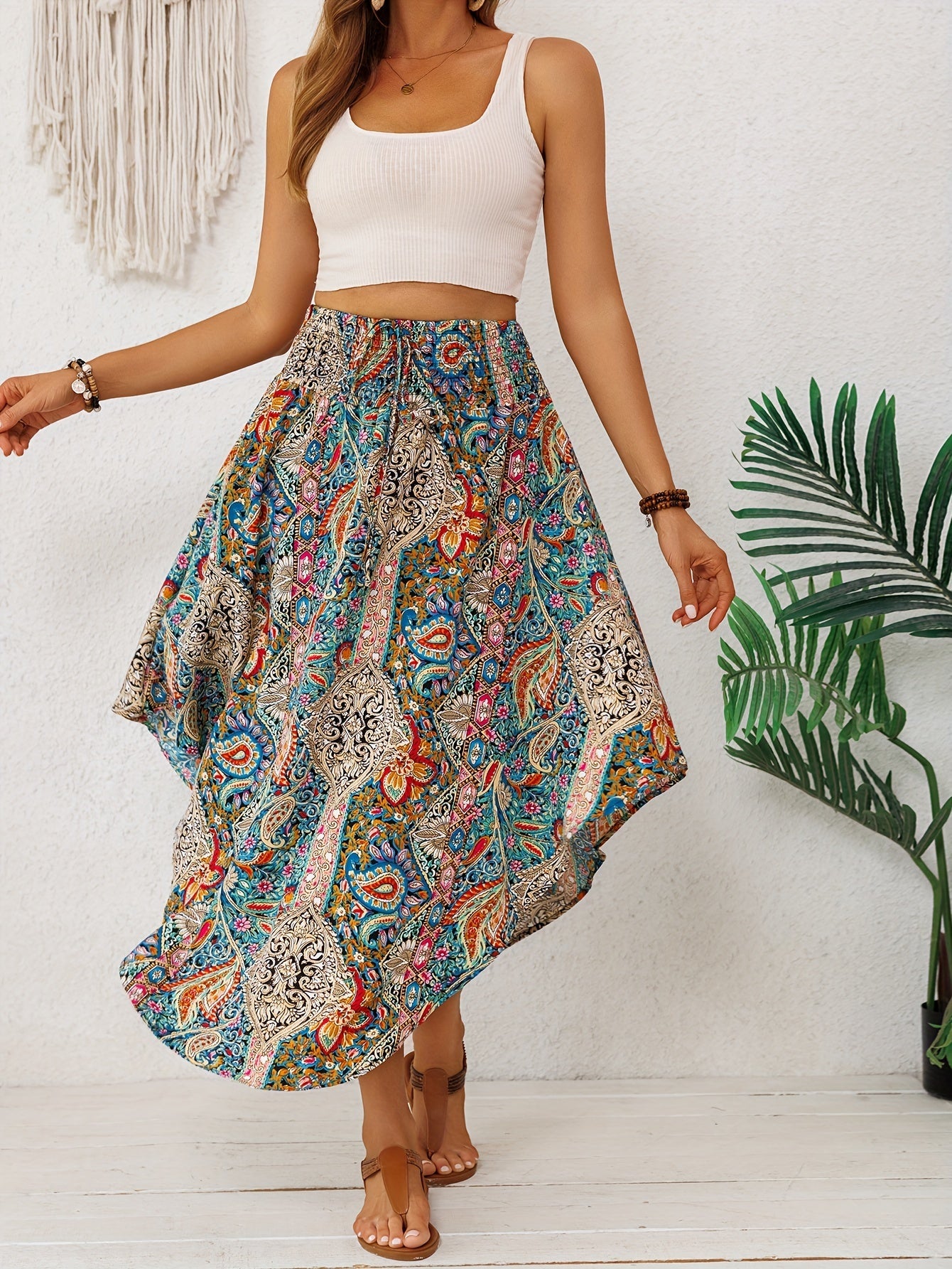 Falda Maxi Paisley Multicolor Sin Esfuerzo para Mujeres con Cintura Alta, Cuerda Ajustable y Dobladillo Asimétrico Estilo Bohemio