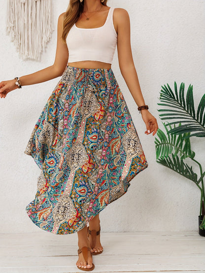 Falda Maxi Paisley Multicolor Sin Esfuerzo para Mujeres con Cintura Alta, Cuerda Ajustable y Dobladillo Asimétrico Estilo Bohemio