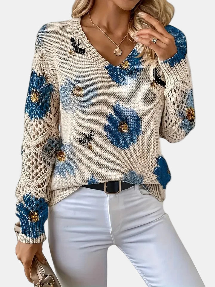 Suéter de Ganchillo Floral Cómodo para Mujeres con Cuello en V y Mangas de Globo, Estilo Oversized