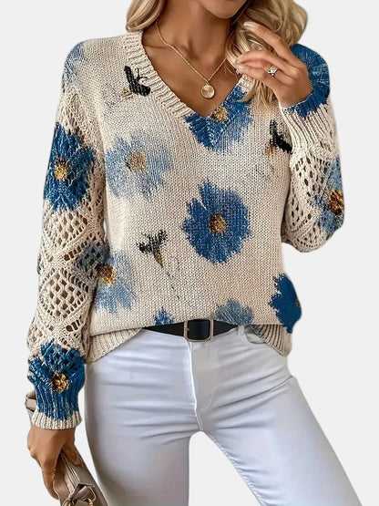 Suéter de Ganchillo Floral Cómodo para Mujeres con Cuello en V y Mangas de Globo, Estilo Oversized