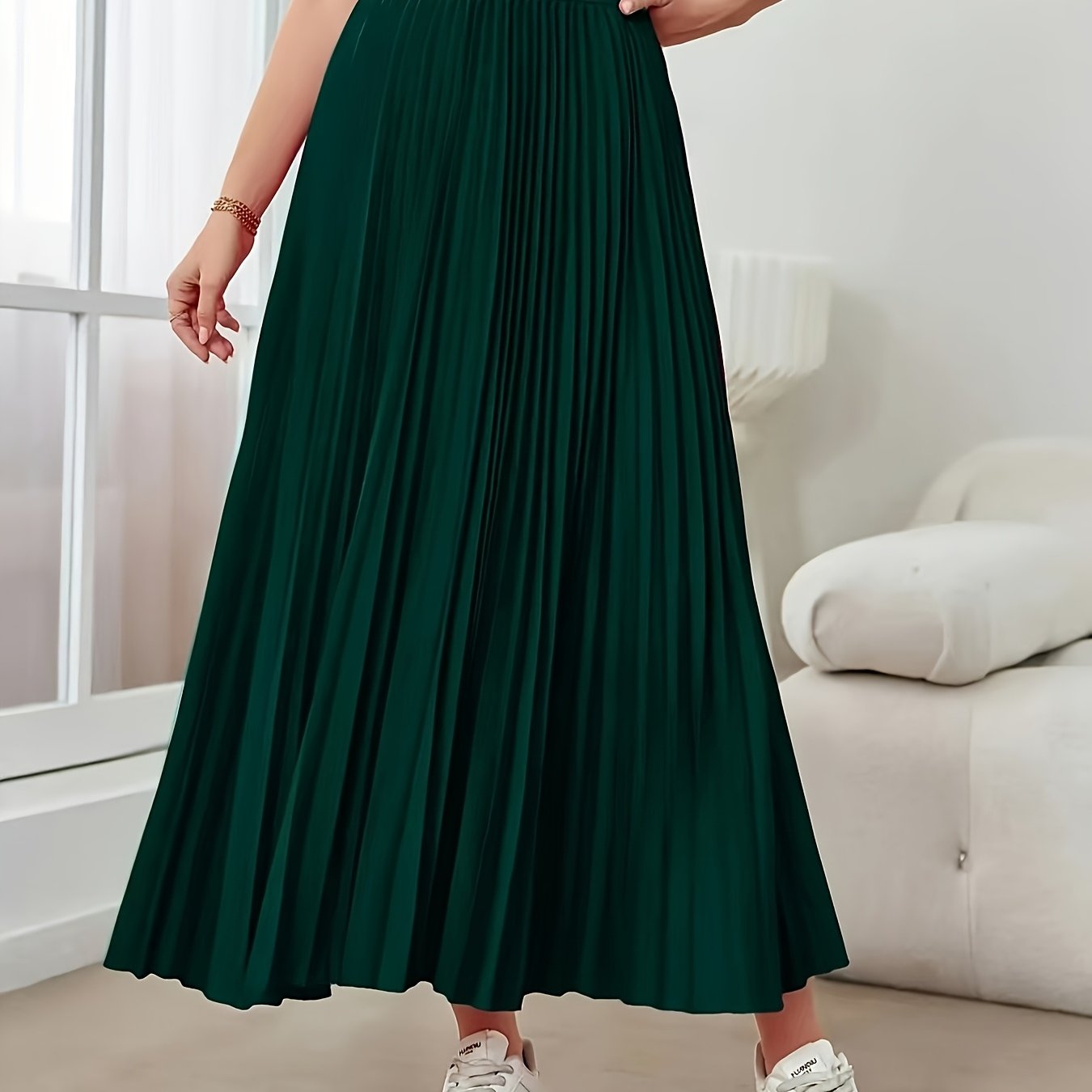 Elegante Falda Maxi Plisada Verde Oscuro para Mujeres con Cintura Alta Estilo A Linea Fluida