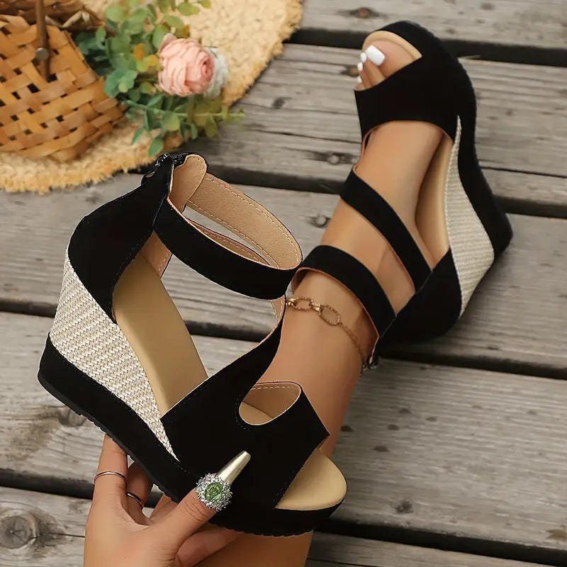 Sandalias de cuña negras cómodas para mujeres con tiras en el tobillo, estilo plataforma de esparto, punta abierta