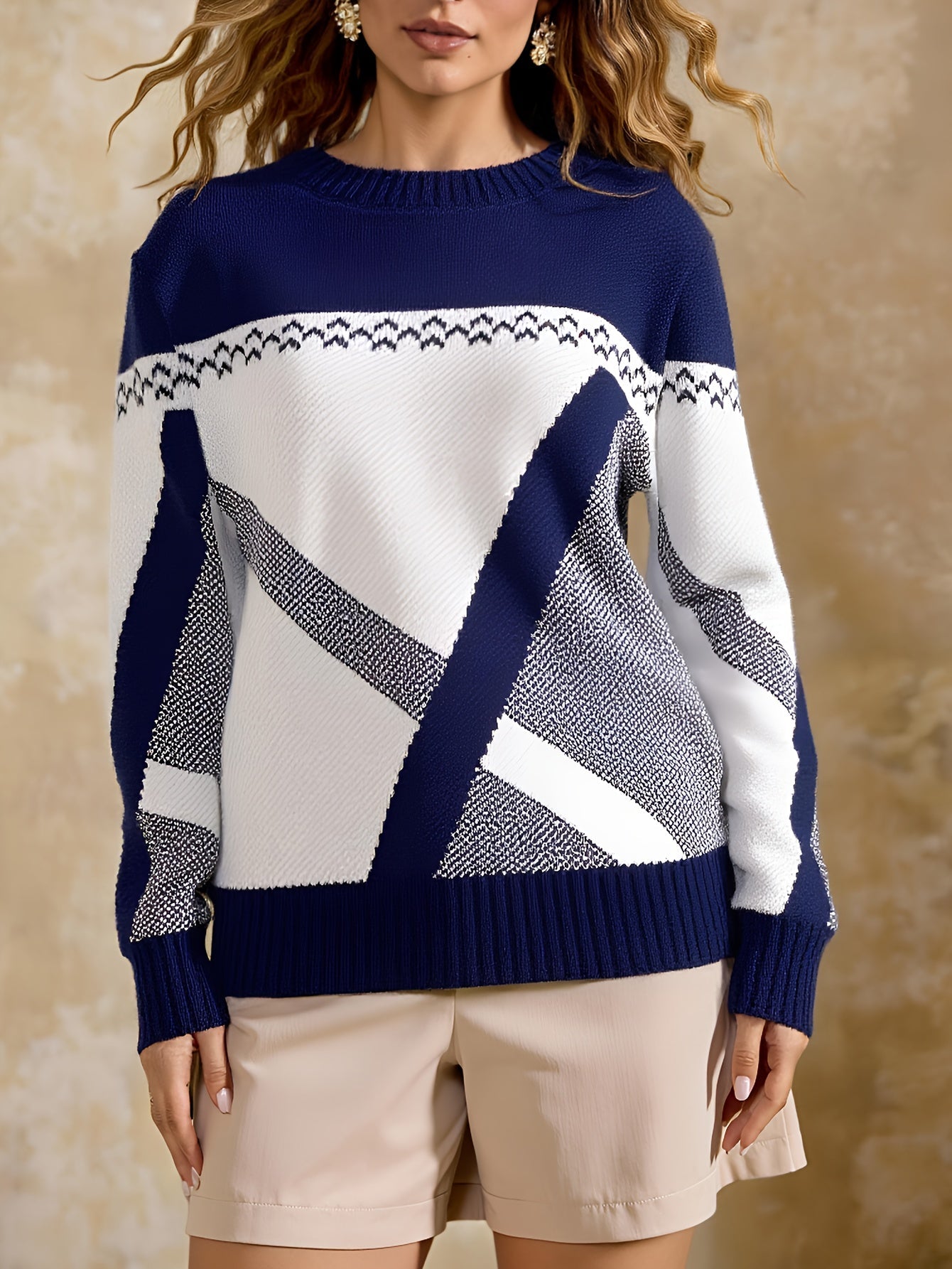 Suéter Geométrico Colorblock Cómodo para Mujeres con Cuello Redondo, Manga Larga, Estilo Relajado y Oversized