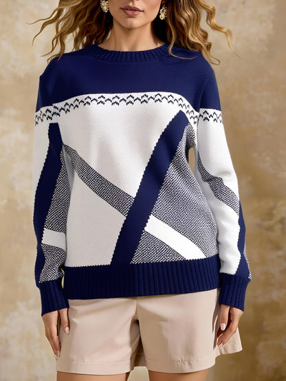 Suéter Geométrico Colorblock Cómodo para Mujeres con Cuello Redondo, Manga Larga, Estilo Relajado y Oversized