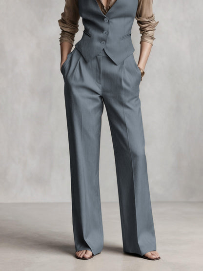 Conjunto de Dos Piezas Elegante en Color Marrón Café para Mujeres con Chaleco de Botones y Pantalón de Pierna Ancha Estilo Formal