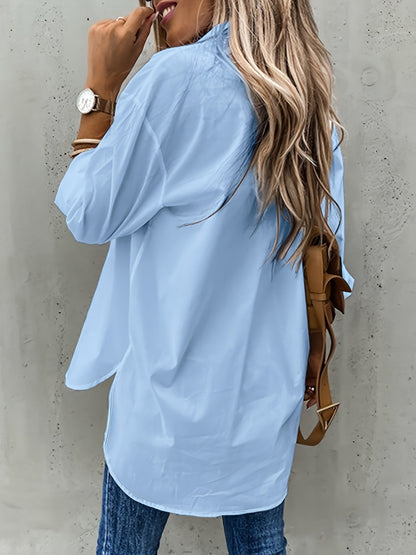 Blusa de Bolsillo Utilitaria sin Esfuerzo para Mujeres con Cuello y Manga Larga de Corte Curvado Relajado