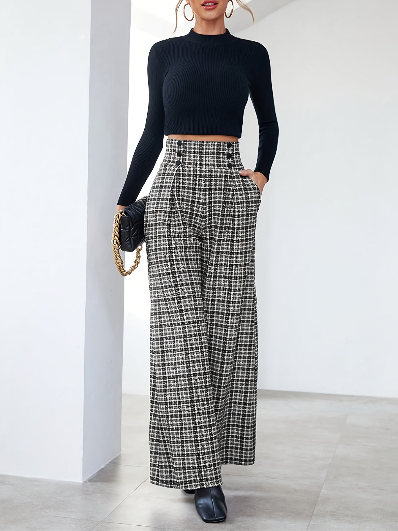 Pantalones Anchos de Tweed a Cuadros Elegantes para Mujeres con Cintura Alta y Frente de Botones con Pliegues Estilo Relajado