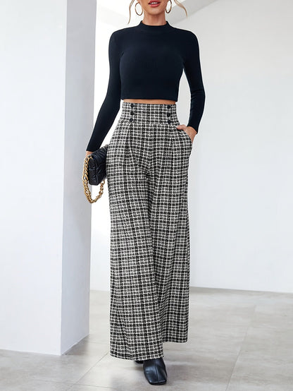 Pantalones Anchos de Tweed a Cuadros Elegantes para Mujeres con Cintura Alta y Frente de Botones con Pliegues Estilo Relajado
