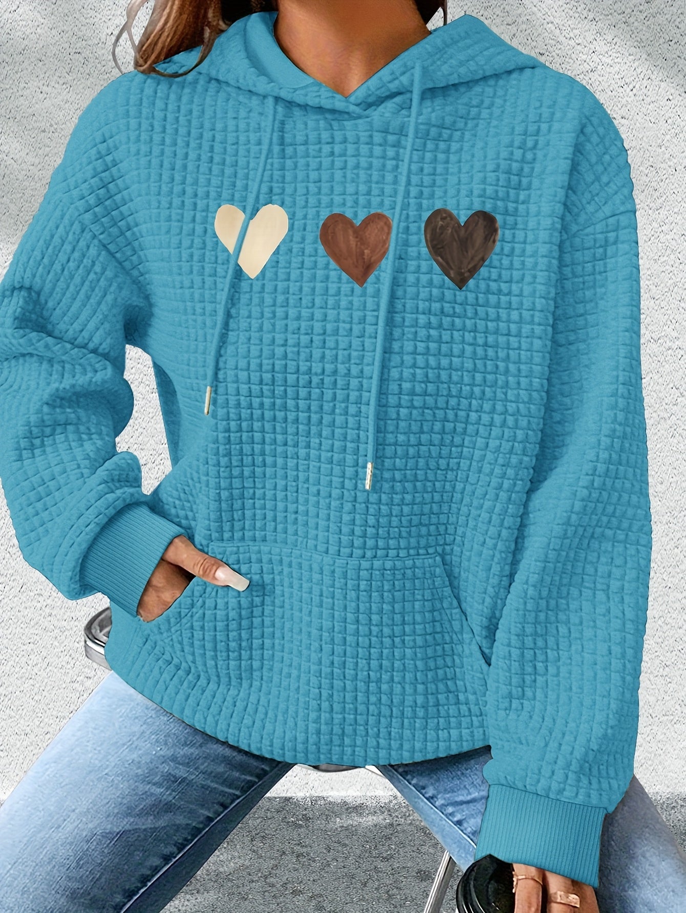 Sudadera de punto waffle con estampado de corazones cómoda para mujeres, con capucha, mangas largas y bolsillo canguro, estilo oversized