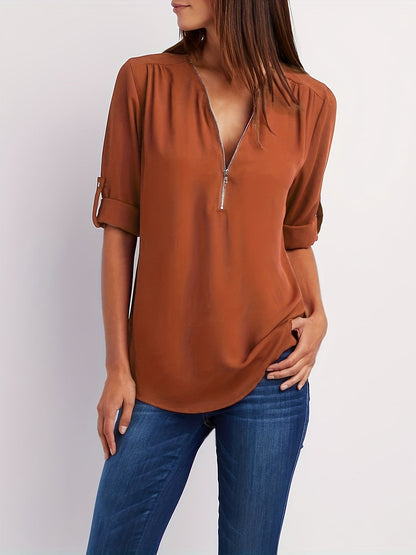 Blusa Frontal con Cremallera Sin Esfuerzo para Mujeres con Cuello en V y Manga con Tabulador, Estilo Túnica Relajada