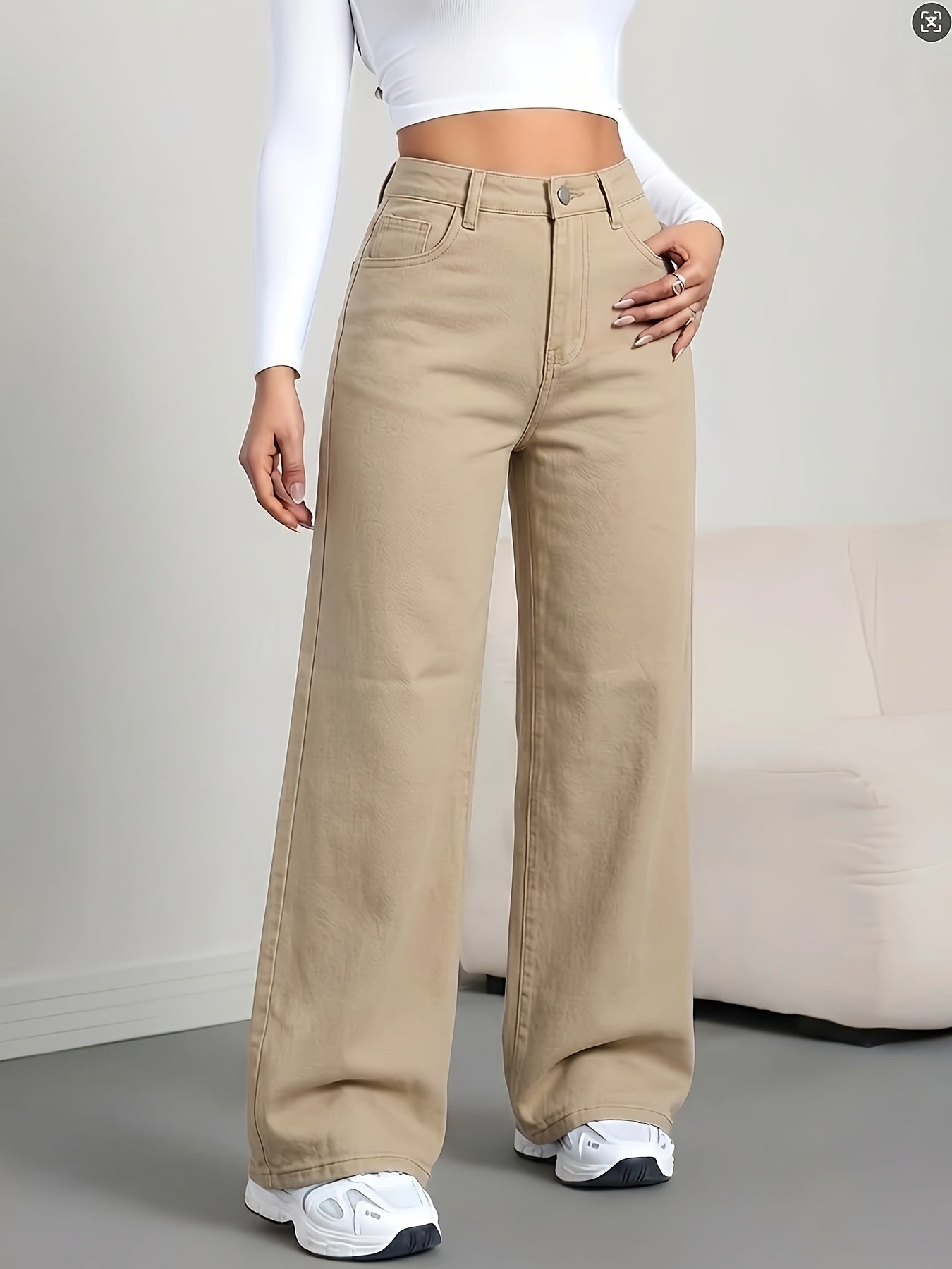 Jeans de Pierna Ancha Khaki Sin Esfuerzo para Mujeres con Cintura Alta y Estilo Casual Relajado