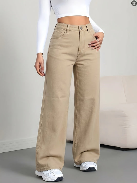 Jeans de Pierna Ancha Khaki Sin Esfuerzo para Mujeres con Cintura Alta y Estilo Casual Relajado
