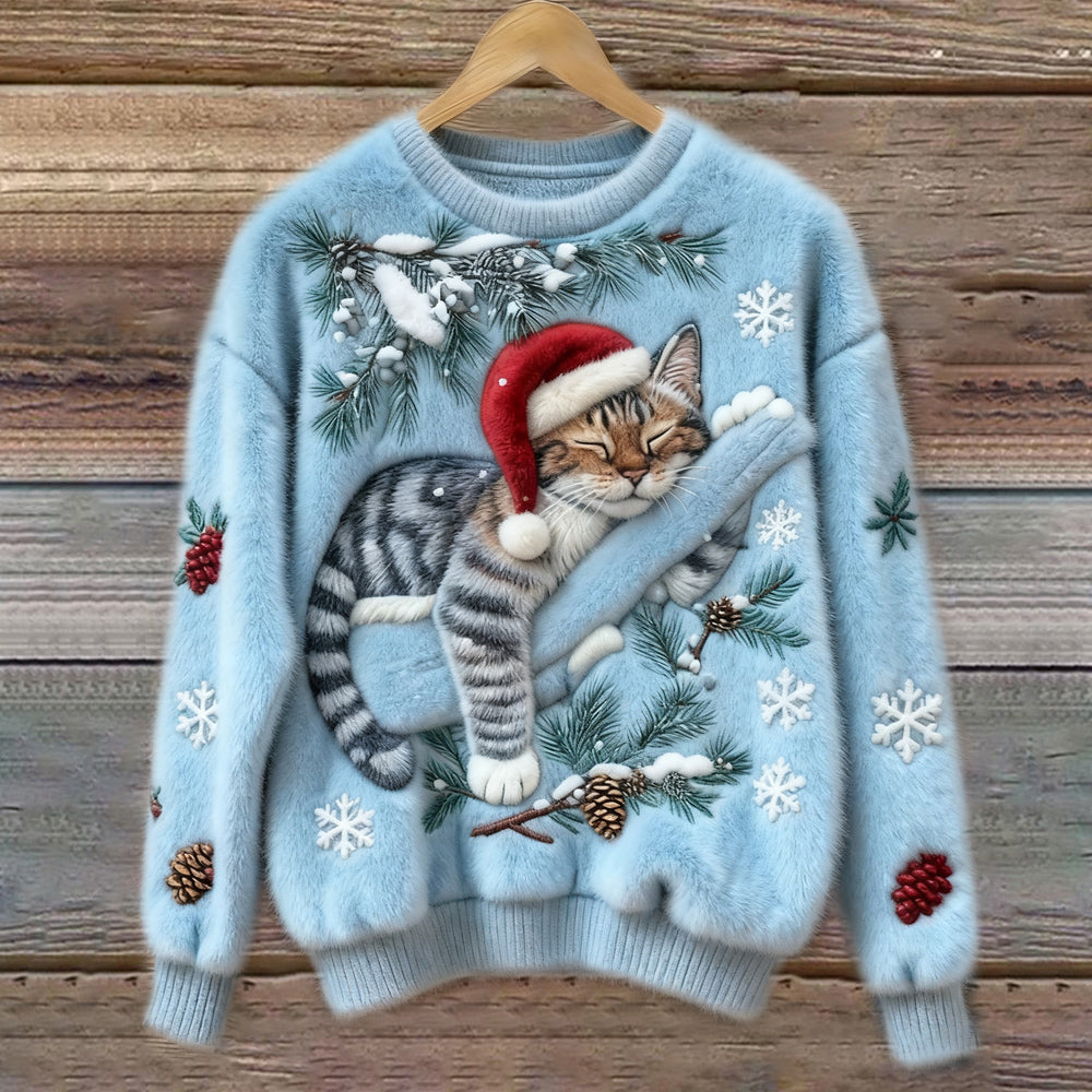 Suéter Cómodo con Estampado de Gato para Mujeres, Cuello Redondo, Manga Larga, Bordado de Copo de Nieve, Estilo Oversized de Tejido