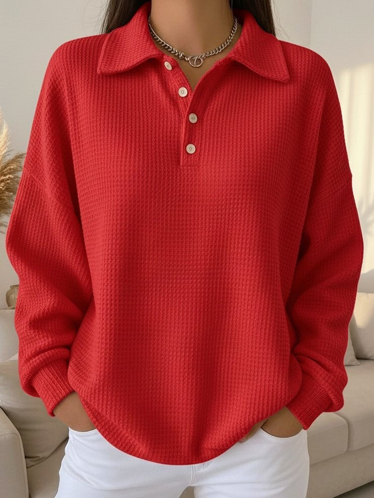 Suéter de Polo de Tejido Waffle sin Esfuerzo para Mujeres con Cuello, Manga Larga, Botonera y Estilo Oversized
