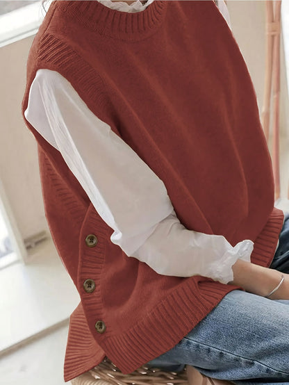 Chaleco de Punto Acanalado Cómodo para Mujeres con Cuello Alto Sin Mangas y Estilo Relajado con Botones Lateral