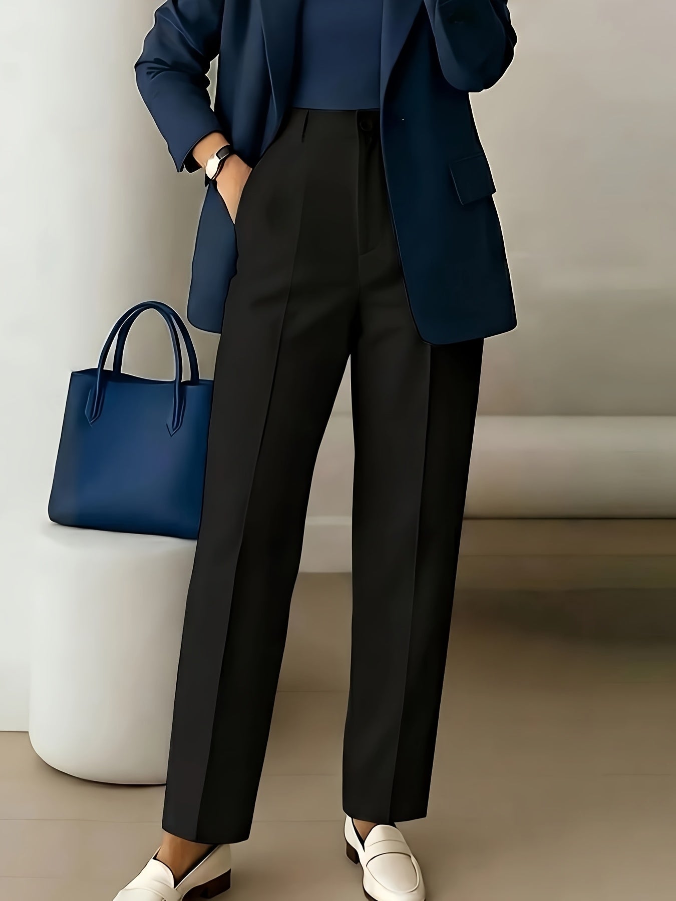 Pantalones Elegantes de Pierna Ancha para Mujeres con Cintura Alta y Pliegues, Estilo Oficina