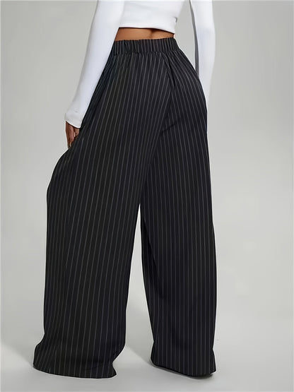 Pantalones Anchos de Rayas en Negro para Mujeres con Cintura Alta, Plisados y Estilo Relajado