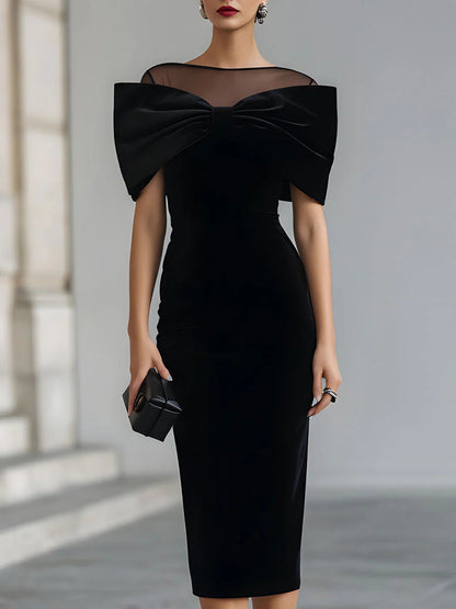 Elegante vestido midi de terciopelo negro para mujeres con cuello ilusión, hombros al descubierto, lazo y estilo bodycon de cóctel