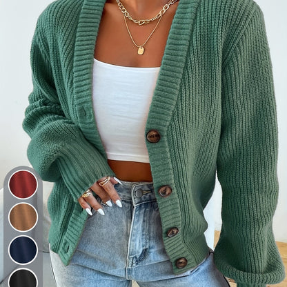 Cárdigan de Punto Acanalado Cómodo para Mujeres con Cuello en V, Mangas Globo, Botones en la Parte Frontal y Estilo Oversized