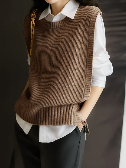 Chaleco de Suéter Acanalado Cómodo para Mujeres con Cuello Redondo Sin Mangas Estilo Oversized