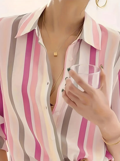 Blusa de Chifón Rayada Sin Esfuerzo para Mujeres con Cuello, Manga Larga, Botones Frontales y Estilo Sedoso Relajado