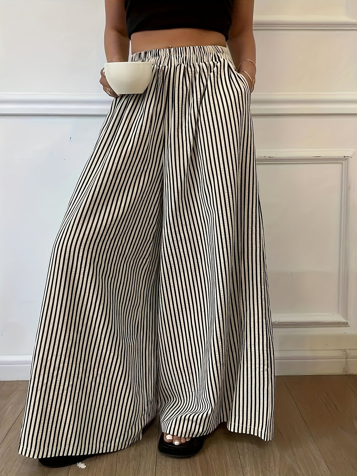 Pantalones Anchos de Rayas Melocotón para Mujeres con Cintura Alta y Cinturilla Elástica, Estilo Fluido y Relajado